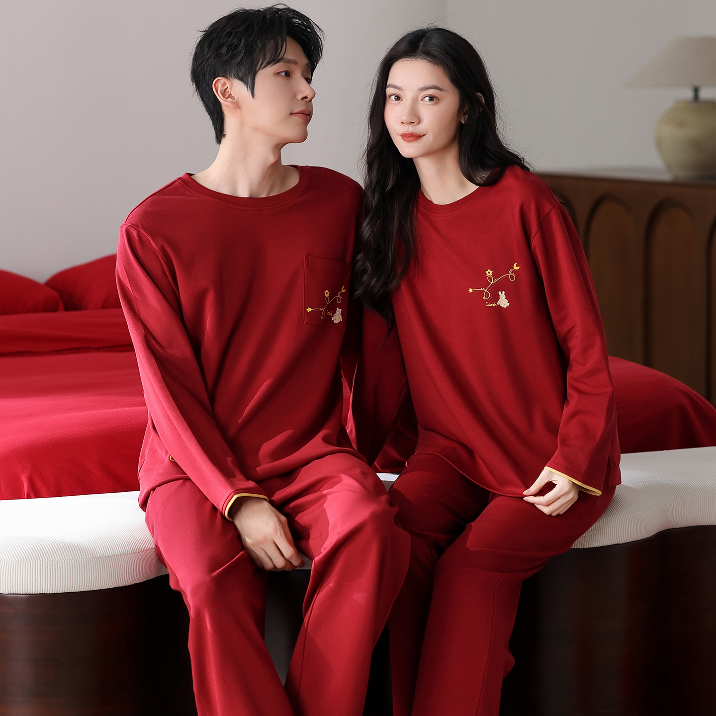红色本命年男女睡衣结婚新婚情侣套装春秋季纯棉长袖家居服可外穿