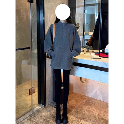 灰色立领加绒卫衣女新款2025爆款时尚洋气美式复古中长款打底上衣