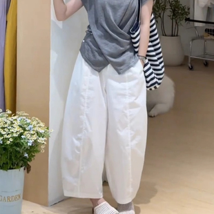 子 韩系极简白色九分阔腿休闲裤 女夏季 新款 松紧高腰宽松弯刀香蕉裤