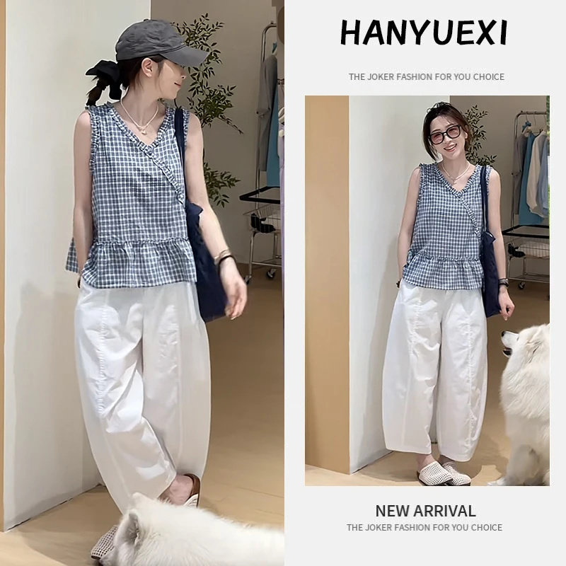 上班通勤穿搭套装女夏季小个子时尚洋气格纹无袖上衣休闲裤两件套