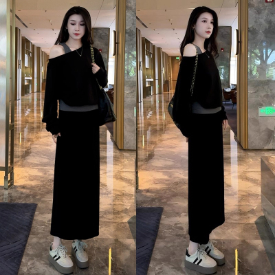 黑色卫衣连衣裙早秋韩系穿搭套装