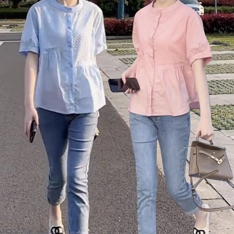 宽松休闲圆领短袖拼接衬衫女夏季