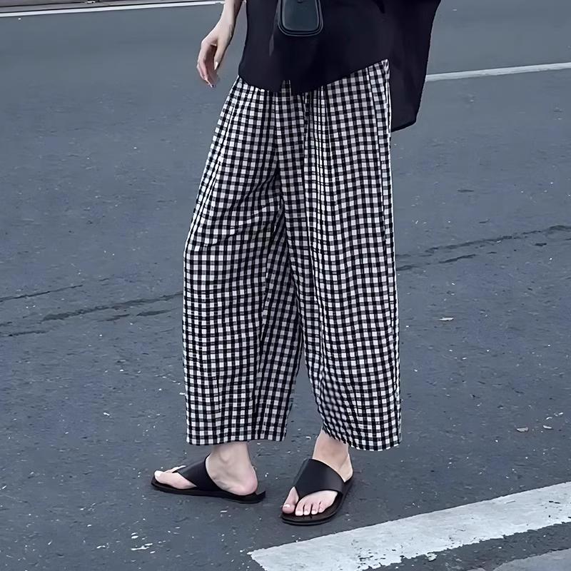 黑白格子九分哈伦裤女2025新款夏季薄款梨形宽松阔腿裤休闲慵懒风