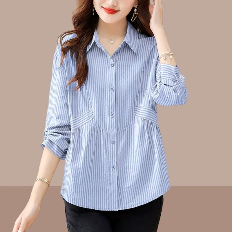 爆款女士衬衫时尚遮肚子条纹上衣2026春夏装衬衣设计感洋气打底衫,女装/女士精品,时尚套装,淘宝优惠券,粉丝福利购,淘宝优惠卷