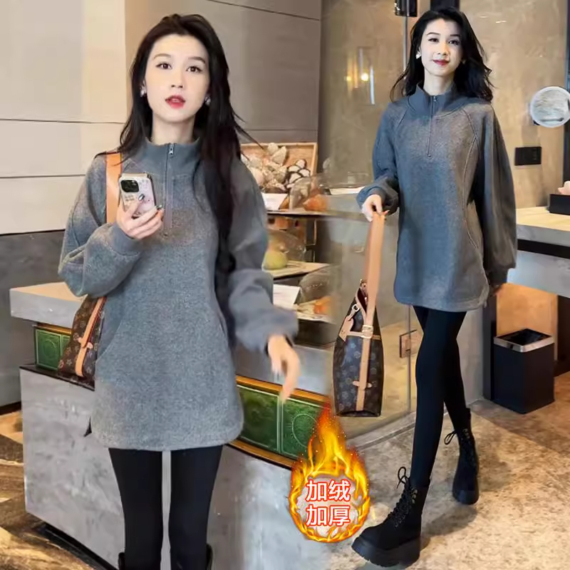 加绒加厚卫衣女长袖2025秋冬新款半拉链上衣中长款无帽宽松打底衫