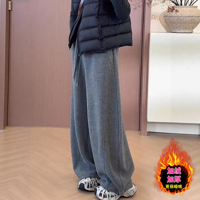 加绒阔腿裤女秋冬灰色加厚卫裤
