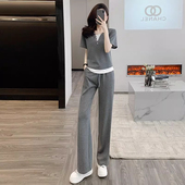 薄款 洋气显瘦假两件上衣阔腿裤 两件套潮 女夏季 欧洲站休闲运动套装