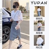 夏季 茶系微胖显瘦高级感上衣搭配牛仔半身裙两件套装 女装 2025新款