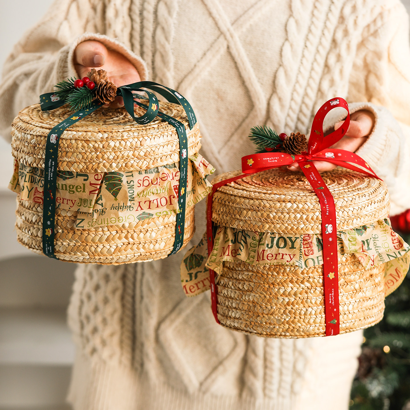2025圣诞糖果盒礼盒高档草编抱抱桶圆形曲奇饼干包装盒礼品盒空盒