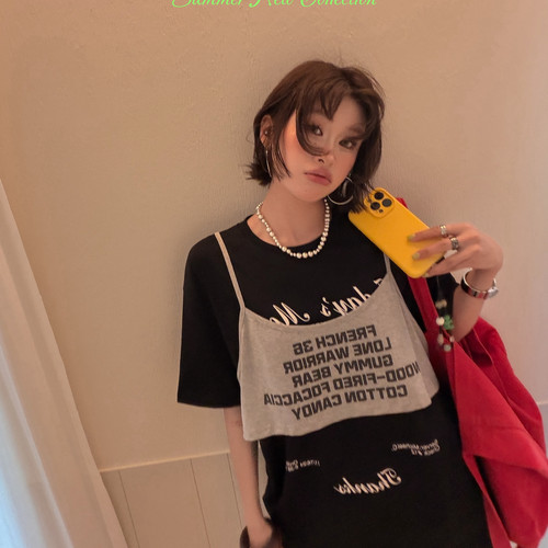 FISH YU -新韩系叠穿设计感假两件字母印花宽松圆领短袖T恤26155