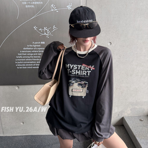FISH YU -叠衣篮撞色插肩袖圆领宽松大版长袖T恤(含50棉料)26532