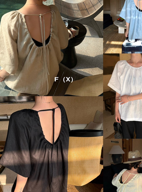 F(X)-法式100亚麻U型后露背宽松短袖小衫(纯亚麻U型露背小衫)7989