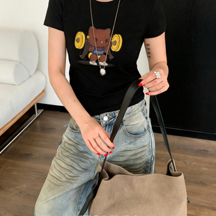 FISH 上新韩系卡通举重Kitty印花弹力正肩小版 短袖 T恤26160