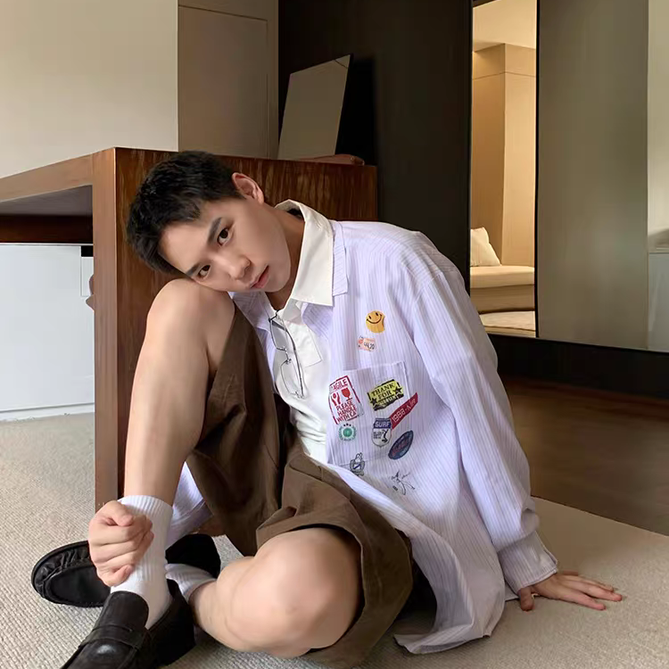 EST KYC-秋上新美式设计感贴纸印花条纹长袖衬衫94A15