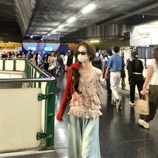 YS6 Y.JIA 1605 两件套套装 撞色防晒针织开衫 伊嘉 纺红碎花小吊带