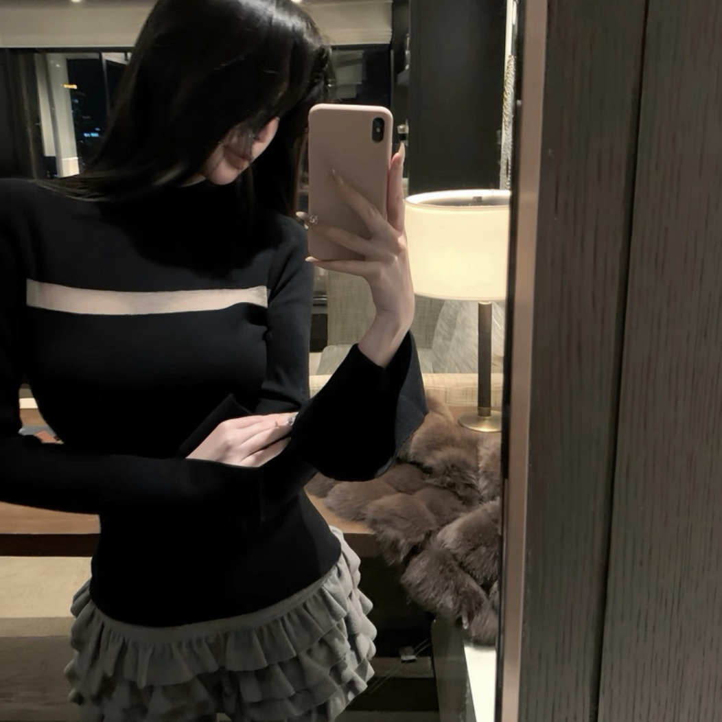 bella1998-纯欲气质法式设计感拼接镂空修身显瘦小衫80092