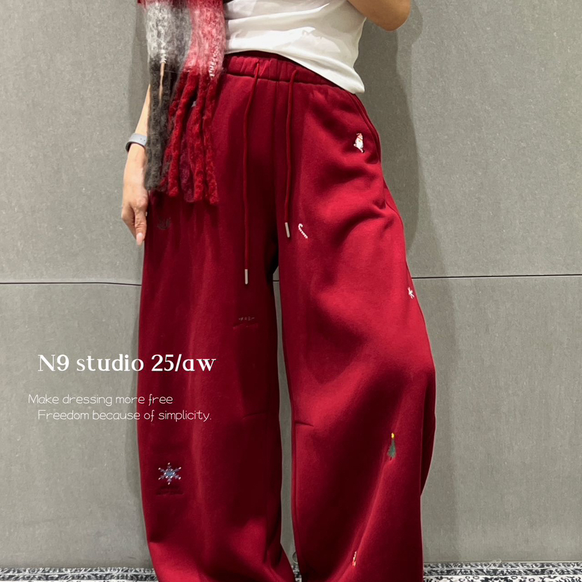N9-冬上新复古风宽松刺绣阔腿裤加绒卫衣裤N25-1062