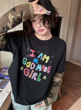 FISH YU -货彩色字母印花拼接迷彩袖假两件宽松圆领长袖T恤26097