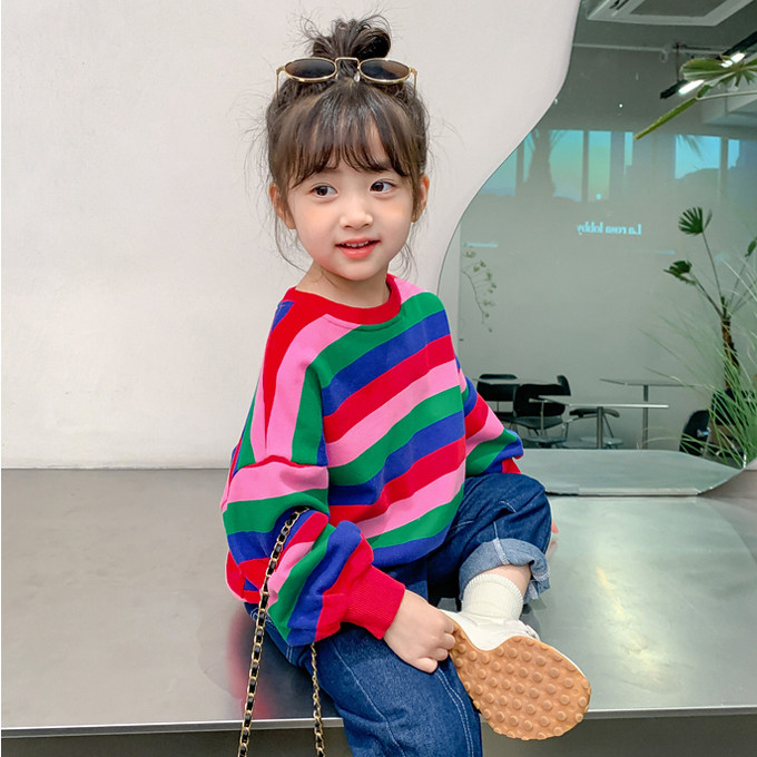 纯棉女童秋装2024新款儿童韩版彩虹卫衣小童洋气百搭宝宝长袖上衣