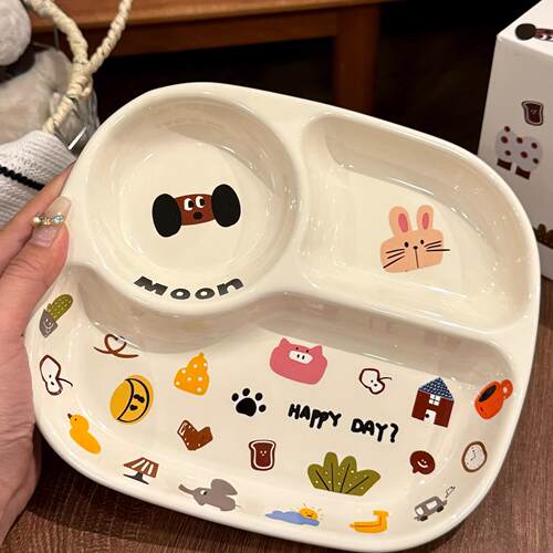 家用可爱月亮狗小狗米饭碗陶瓷餐盘家用可爱分格盘子创意卡通餐具