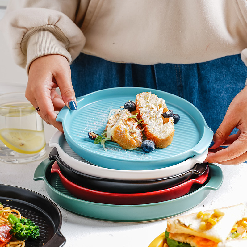 北欧陶瓷双耳盘子披萨烤盘微波炉烤箱专用烘培盘创意家用餐具菜盘