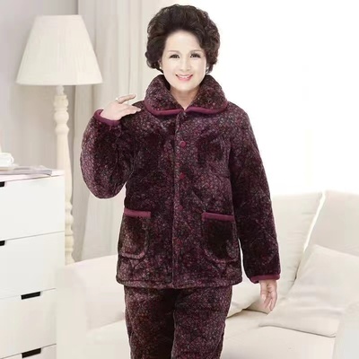 奶奶法兰绒夹棉袄家居服宽松大码