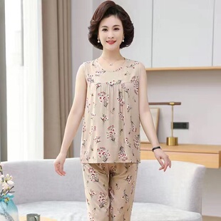 纯棉绸老太太两件套睡衣女外穿 老人夏装 奶奶夏天休闲背心短裤 套装