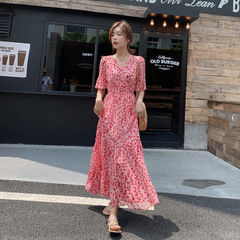 Dress trumpet sleeve summer high waist show thin collar short sleeve skirt popular waist broken flower chiffon long skirt Fairy