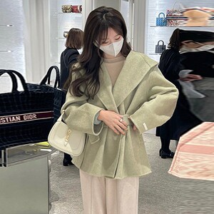 雾霾绿毛呢双面羊绒大衣女中长款小个子呢子外套连帽软糯温柔秋冬