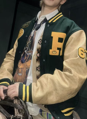 韩风   Rose同款 美式复古学院风拼色棒球服夹克外套
