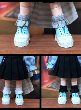 ob11袜子12分bjd娃衣袜子美结猪GSC粘土黑白灰飞边短袜PICCODO