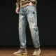 重工刺绣破洞牛仔裤 男高街潮牌宽松直筒休闲长裤 冬季 秋冬美式 厚款