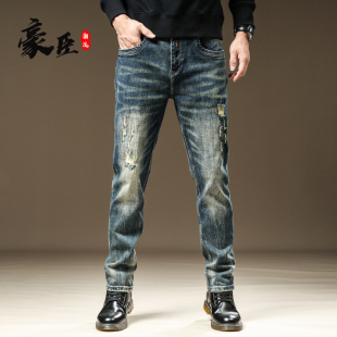 休闲黄泥潮复古蓝2024春秋高端 美式 香港高级弹力水洗牛仔长裤 男款