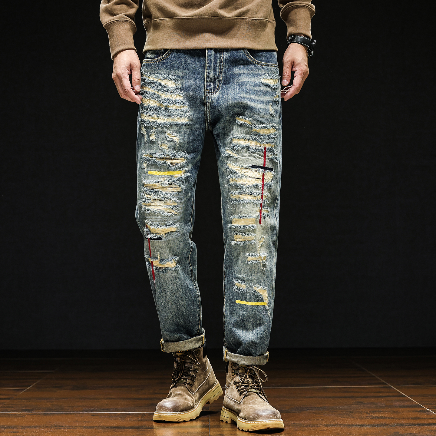 秋冬美式破洞刺绣补丁复古牛仔裤男痞帅潮流宽松百搭休闲冬季厚款