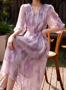 里外100%桑蚕丝 高端仙女紫色裙子 真丝连衣裙 夏季新款女装长裙