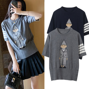 2021春夏新款小老头图案提花短袖针织衫休闲洋气百搭毛衣打底衫