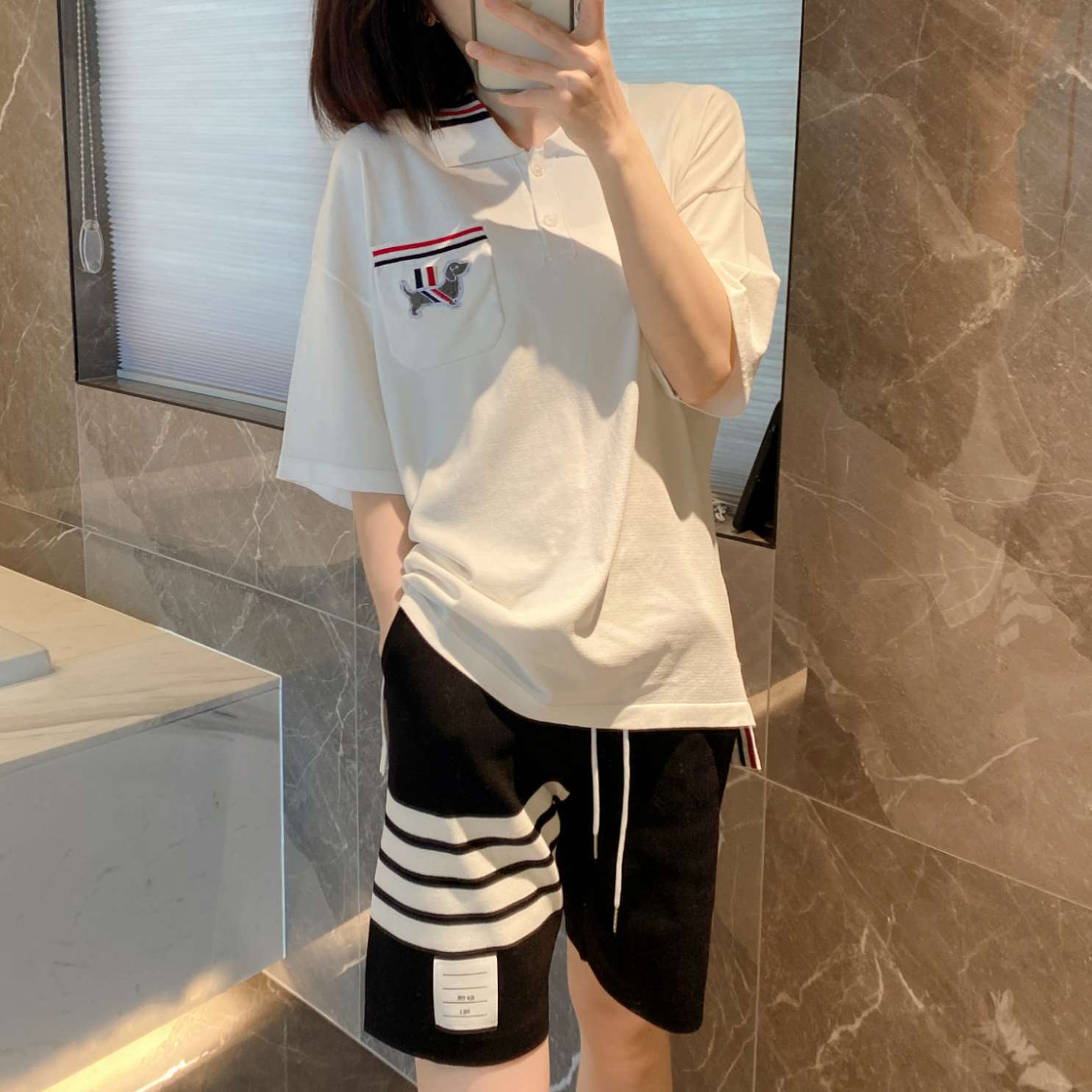 tb夏季新款口袋小狗刺绣宽松polo领冰丝针织短袖t恤女chic上衣潮