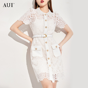AUI白色设计感蕾丝连衣裙女2024季夏新款工装小众镂空修身衬衫裙