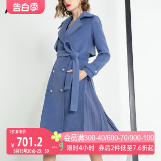 aui时尚呢子大衣女2022秋冬新款女装雾霾蓝中长款气质毛呢外套潮