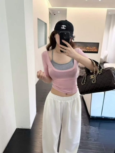 2026夏季新款正肩收腰抹胸修身半袖T恤吊带叠穿背心两件套上衣女