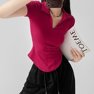 显瘦上衣 纯欲辣妹拉链polol领短袖 t恤女夏季 2025新款 小众休闲修身