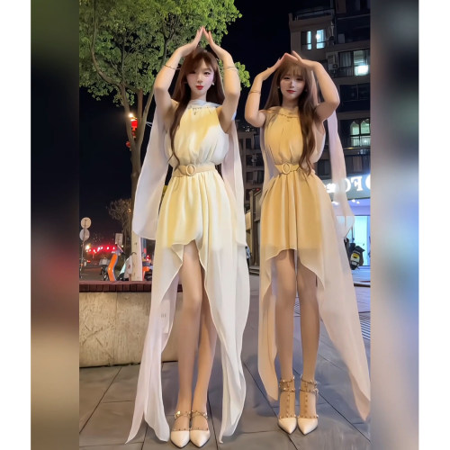 法式纯欲风2026夏季新款收腰显瘦飘逸雪纺不规则度假大摆连衣裙