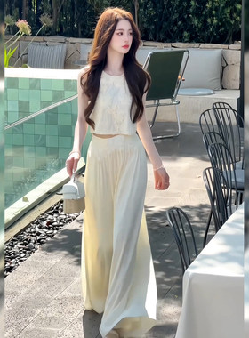 法式绝美气质蕾丝无袖上衣+宽松阔腿裤女夏季新款千金风辣妹套装