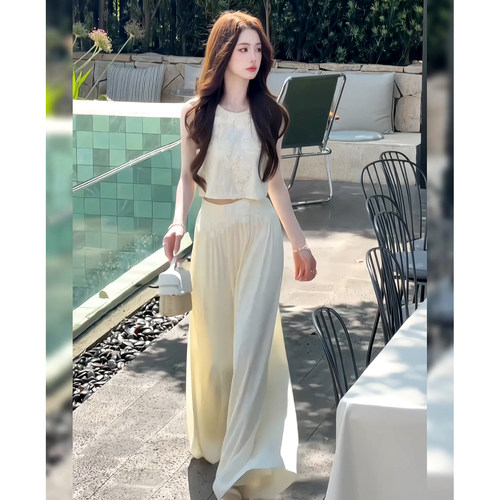 法式绝美气质蕾丝无袖上衣+宽松阔腿裤女夏季新款千金风辣妹套装
