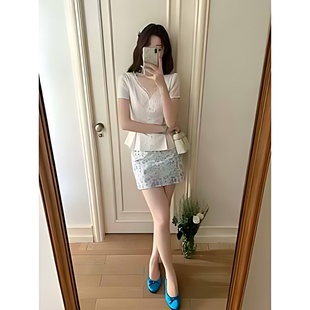 韩系气质套装女夏知性温柔蕾丝拼接纯欲V领衬衫显瘦短裙子两件套