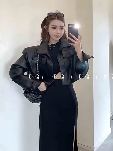 修身韩系美式复古机车短款直角