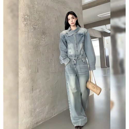 高级感做旧牛仔外套2026秋季美式短款长袖夹克阔腿牛仔长裤两件套