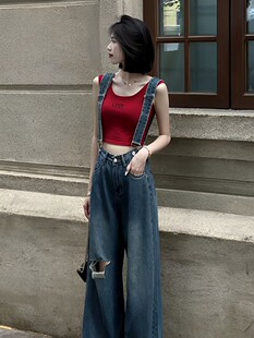 夏季新款美式复古破洞薄款牛仔背带裤女高腰宽松直筒阔腿拖地裤子