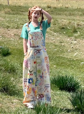 多巴胺涂鸦印花牛仔背带裤女夏季新款26年流行阔腿连体拖地裤长裤