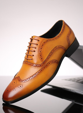 正装男士商务皮鞋45大号46大码黄色巴洛克男鞋47男土布洛克鞋子48